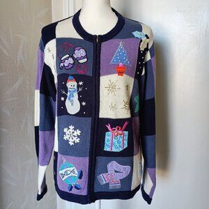Christmas Sweater Beaded Sequins Blue Purple Cardigan Winter Snowman Snowflakes